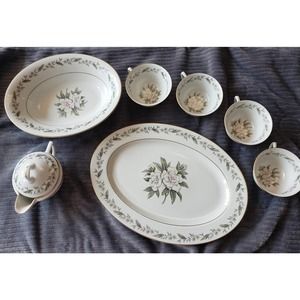 8 pc vintage dish China Princess USA white/pink gardenia flower print gold rim